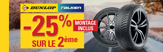 -25% sur le 2eme pneu Dunlop et sur le 2eme pneu Falken posé