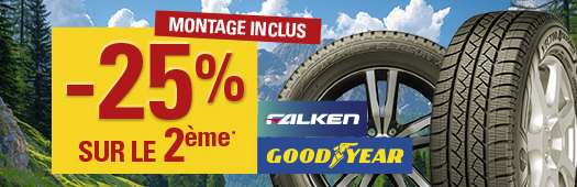 -25% sur le 2ème pneu Goodyear posé et sur le 2ème pneu FALKEN posé